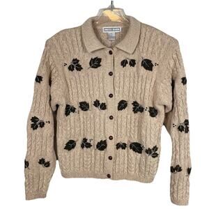 Vtg Cable Knit Cardigan Sweater Size L Beige Embroidered Fall Leaves Cottagecore